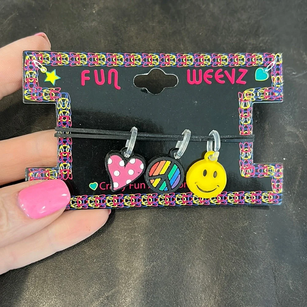 Fun Weevz charms for crafty fun accessories. A heart, rainbow peace sign & smile